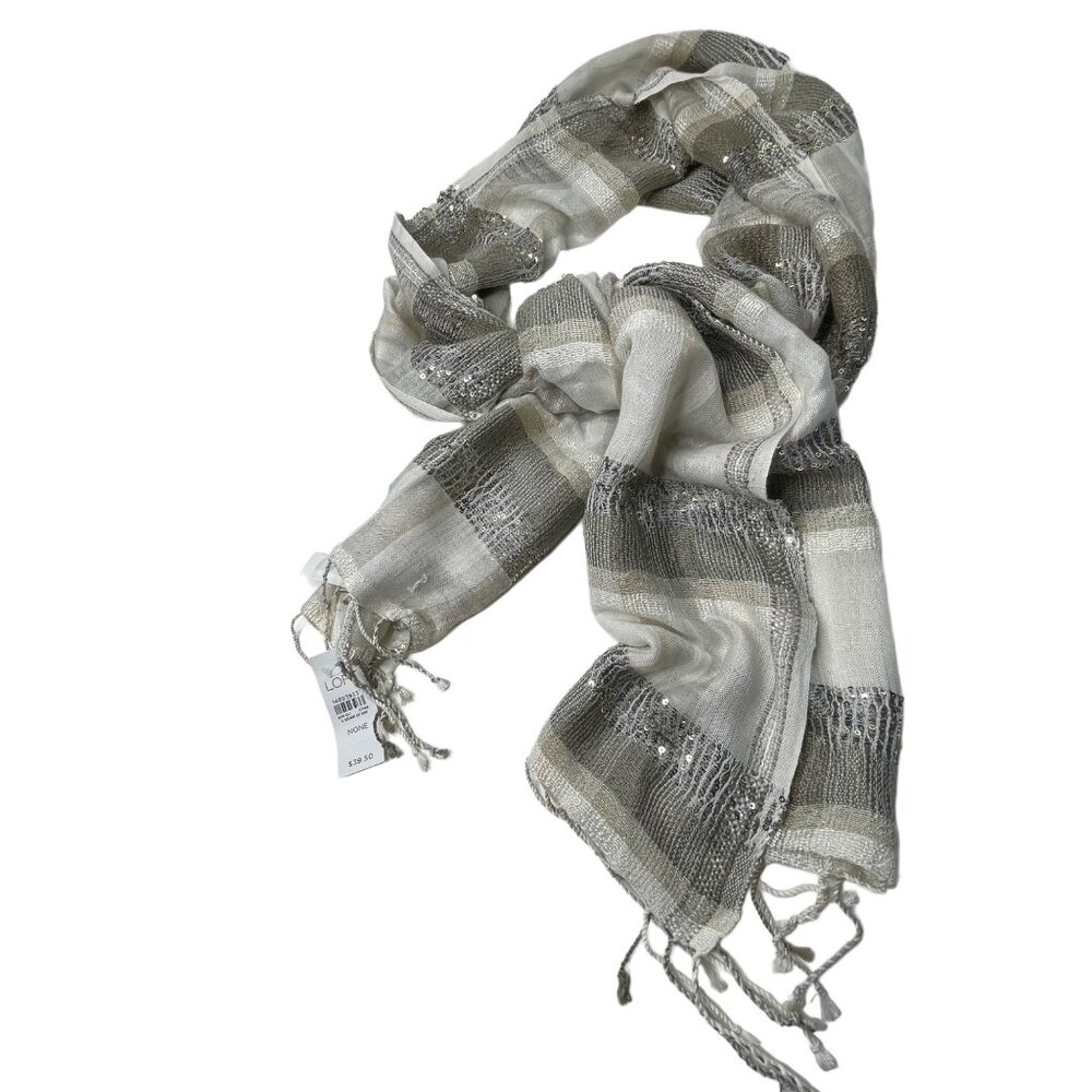 LOFT NWT  beige windowpane plaid sequin fringed 75”x 24" ( inc. fringe) scarf
